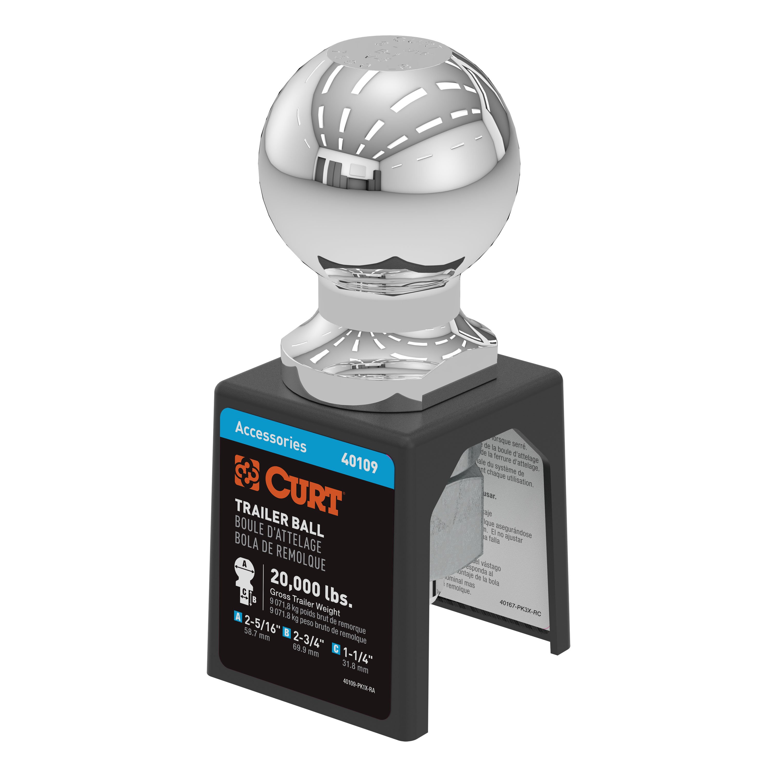 CURT 2-5/16" Trailer Ball (1-1/4" x 2-3/4" Shank, 20,000 lbs., Chrome) - CURT 40109 - Image 1
