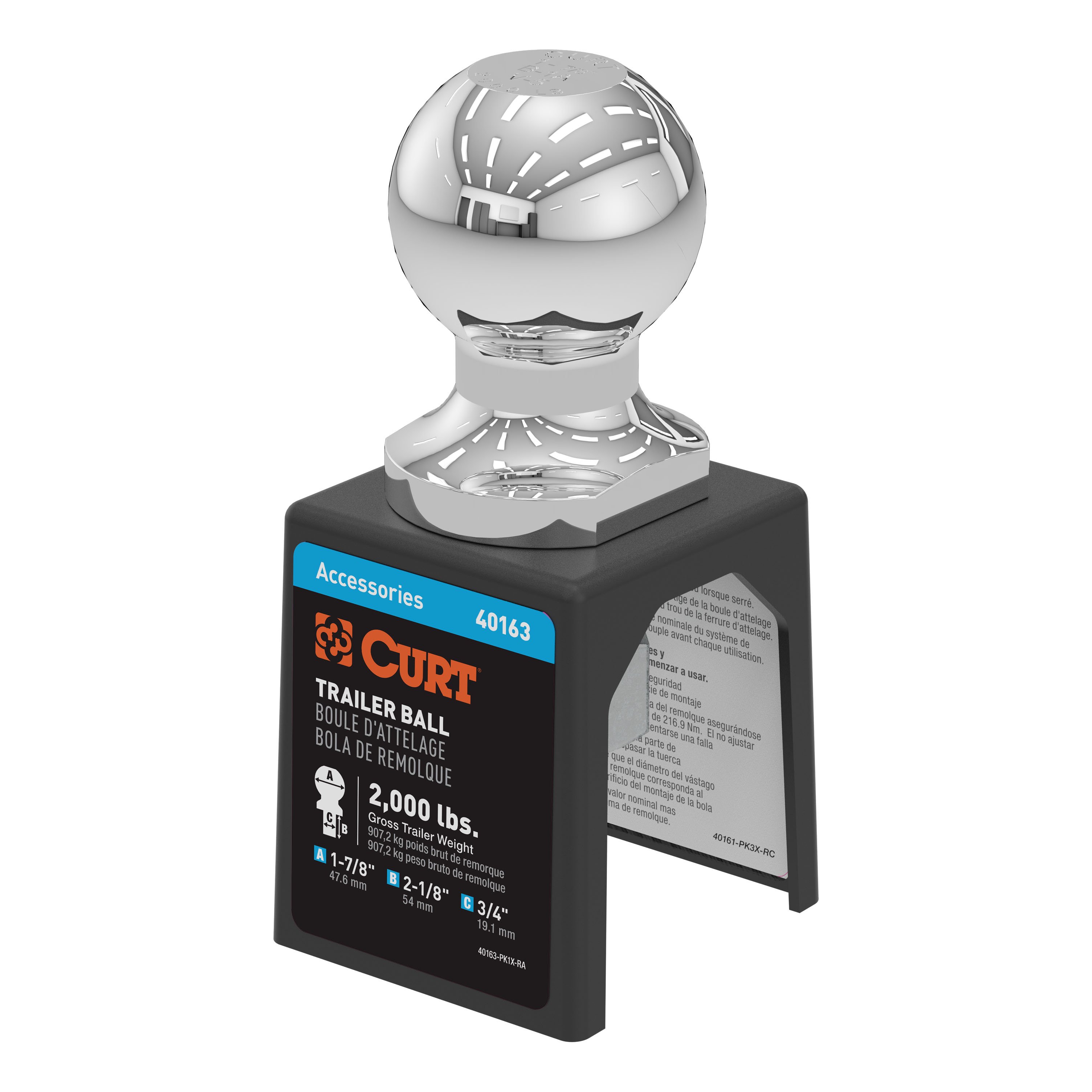CURT 1-7/8" Trailer Ball (3/4" x 2-1/8" Shank, 2,000 lbs., Chrome, Packaged) - CURT 40163 - Image 1
