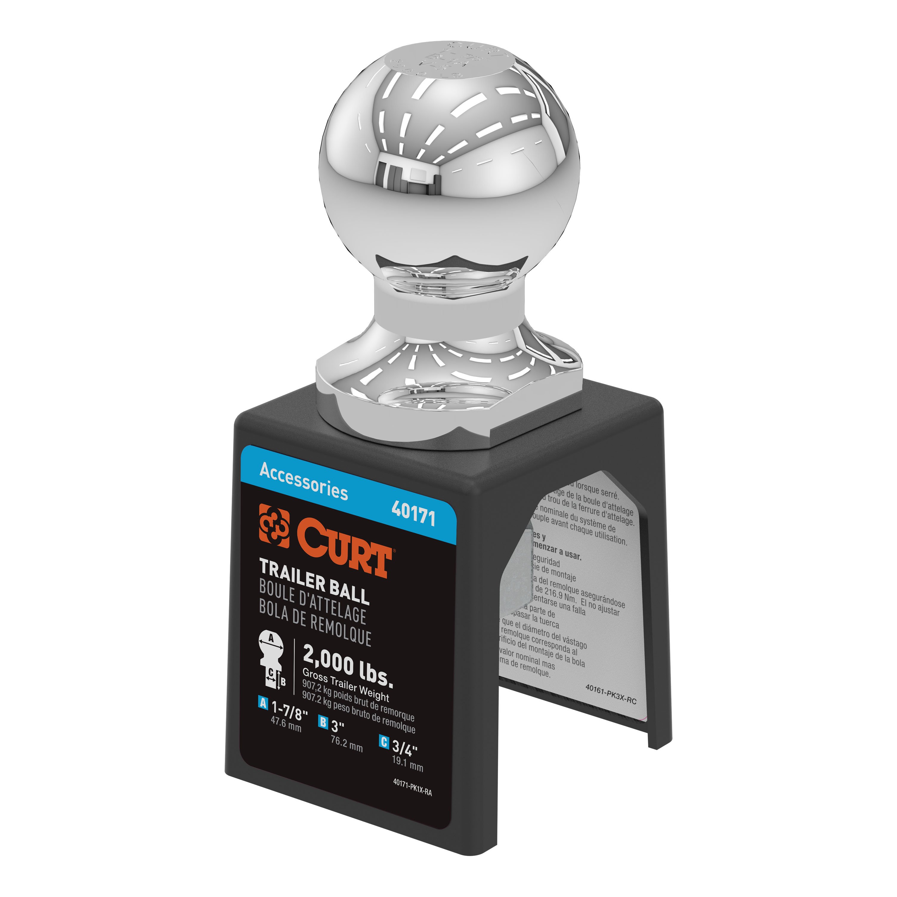 CURT 1-7/8" Trailer Ball (3/4" x 3" Shank, 2,000 lbs., Chrome, Packaged) - CURT 40171 - Image 1
