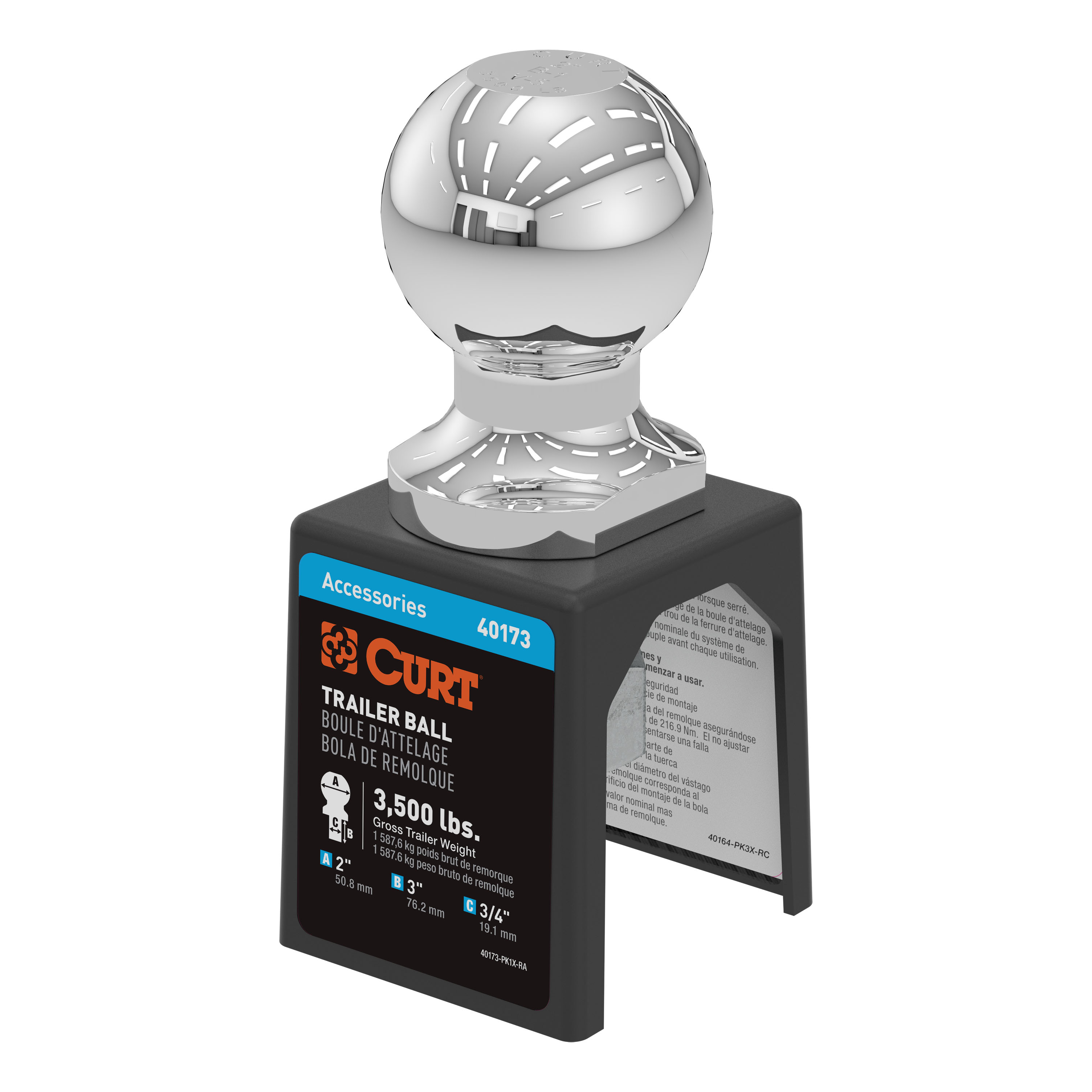 CURT 2" Trailer Ball (3/4" x 3" Shank, 3,500 lbs., Chrome, Packaged) - CURT 40173 - Image 1