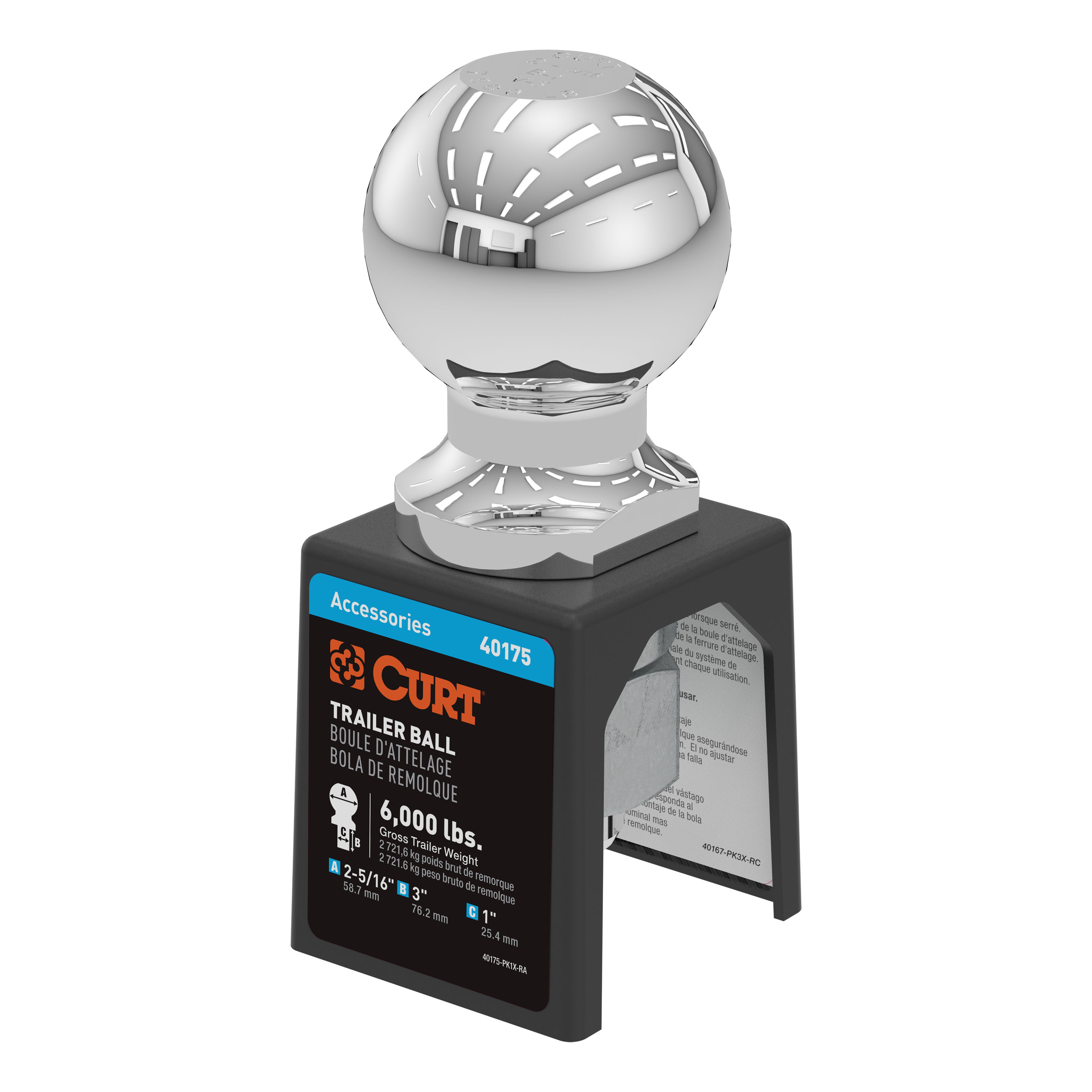CURT 2-5/16" Trailer Ball (1" x 3" Shank, 6,000 lbs., Chrome, Packaged) - CURT 40175 - Image 1